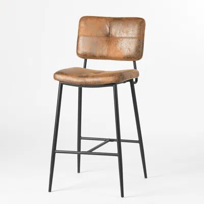 Homezia Set Of Two 27" Brown And Black Faux Leather And Steel Low Back Counter Height Bar Chairs