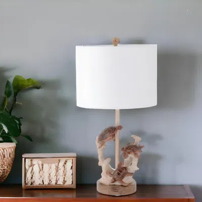 Homezia Set Of Two 27" Brown Turtle And Coral Table Lamps With White Drum Shade In Blue