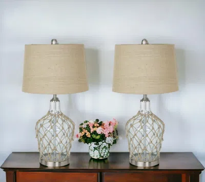 Homezia Set Of Two 28" Silver Metal Table Lamps With Beige Empire Shade In Burgundy