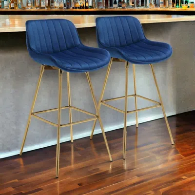 Homezia Set Of Two 29" Blue And Gold Velvet And Metal Swivel Low Back Bar Height Bar Chairs