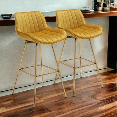 Homezia Set Of Two 29" Yellow And Gold Velvet And Metal Swivel Low Back Bar Height Bar Chairs