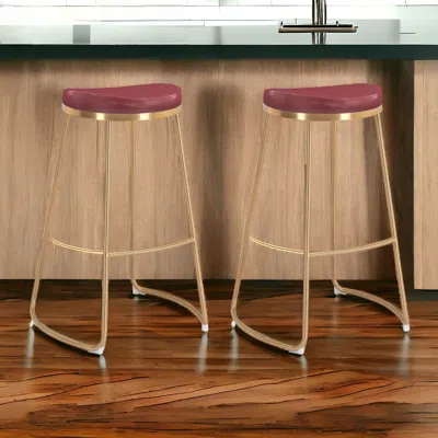 Homezia Set Of Two 31" Burdy And Gold Steel Backless Bar Height Bar Chairs