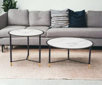 Homezia Set Of Two 32" Black And White Faux Marble Glass Round Coffee Tables