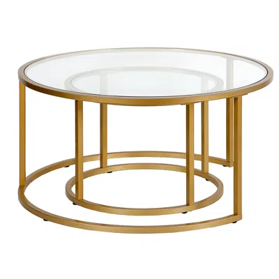 HOMEZIA SET OF TWO 35" GOLD GLASS AND STEEL ROUND NESTED COFFEE TABLES