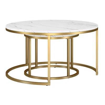 Homezia Set Of Two 35" White And Gold Faux Marble And Steel Round Nested Coffee Tables