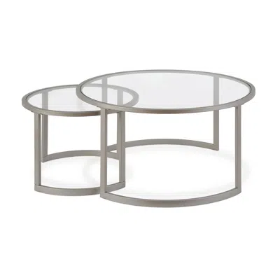 HOMEZIA SET OF TWO 36" NICKEL GLASS AND STEEL ROUND NESTED COFFEE TABLES