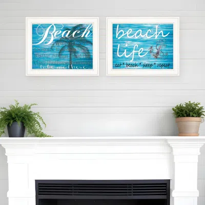 Homezia Set Of Two Beach Life 4 White Framed Print Wall Art