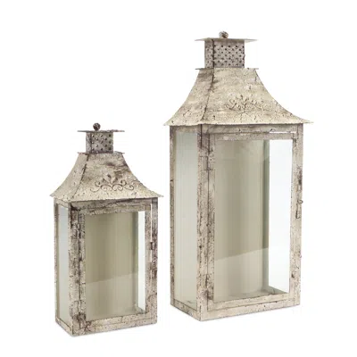 Homezia Set Of Two Beige Flameless Floor Lantern Candle Holder