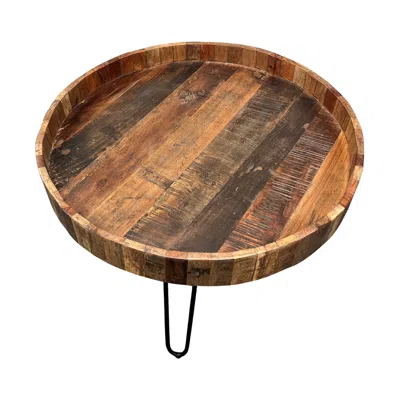 Homezia Set Of Two Black And Natural Brown Solid Wood And Iron Round End Tables