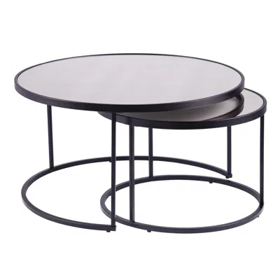Homezia Set Of Two Black And Silver Mirrored Round Nested Coffee Table Set