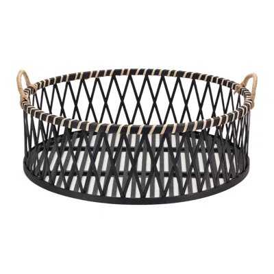 Homezia Set Of Two Black And Tan Round Bamboo Serving Tray With Handles In Multi