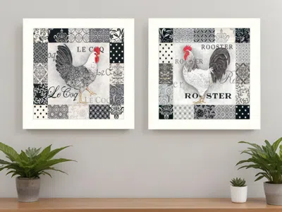 Homezia Set Of Two Black And White Rooster White Framed Print Wall Art In Multi