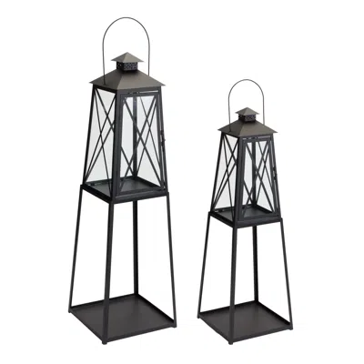 Homezia Set Of Two Black Iron Ornate Tabletop Lantern Candle Holders