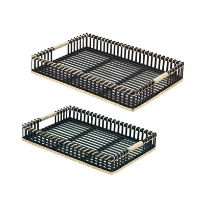 Homezia Set Of Two Black Solid Wood Tray With Handles