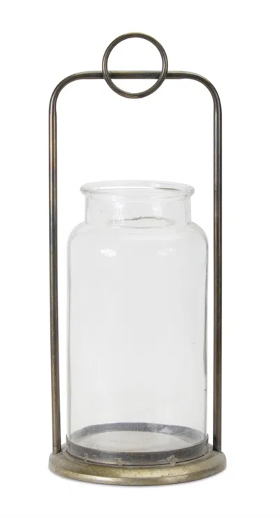 Homezia Set Of Two Bronze Flameless Floor Hurricane Candle Holder In White