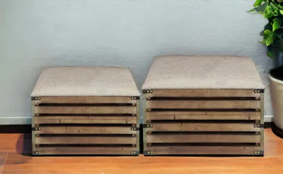 Homezia Set Of Two Brown Wood Slat And Upholstery Storage Benches With Flip Top In Blue