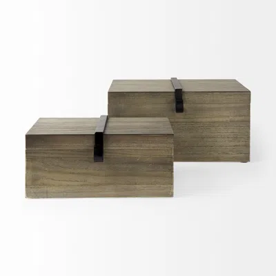 Homezia Set Of Two Brown Wooden Boxes With Metal Detailing