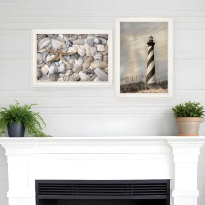Homezia Set Of Two Cape Hatteras Lighthouse And Sea Shells 3 White Framed Print Wall Art In Multi