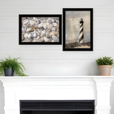 Homezia Set Of Two Cape Hatteras Lighthouse And Sea Shells 4 Black Framed Print Wall Art In Neutral