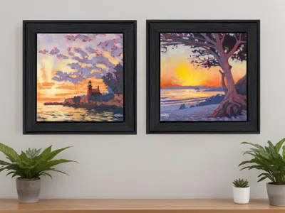 Homezia Set Of Two Carmel Beach And Lighthouse 2 Black Framed Print Wall Art