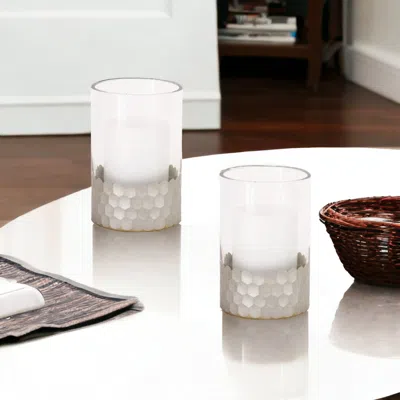 Homezia Set Of Two Clear And Silver Glass Geometric Tabletop Pillar Candle Holders In Metallic