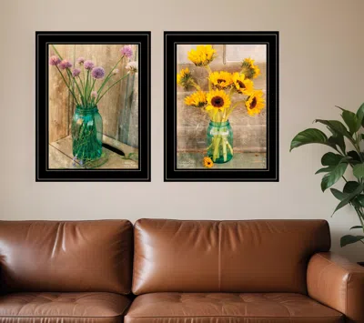 Homezia Set Of Two Country Sunflowers And Chives 2 Black Framed Print Wall Art In Purple