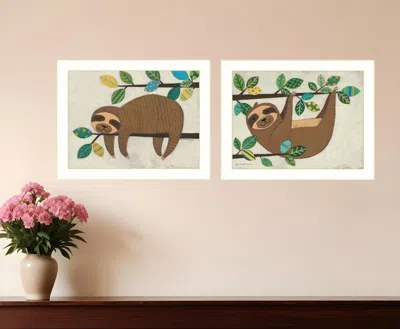 Homezia Set Of Two Cute Sloths 2 White Framed Print Wall Art