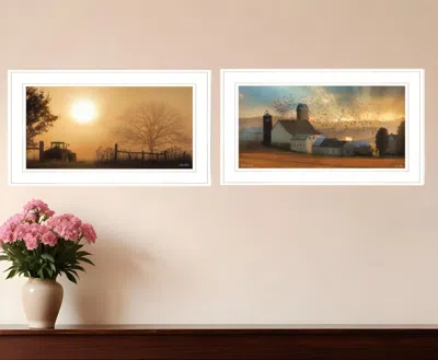 Homezia Set Of Two Farm Country Sunrise White Framed Print Wall Art