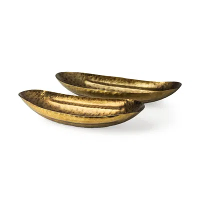 Homezia Set Of Two Gold Boat Shaped Hammered Bowls