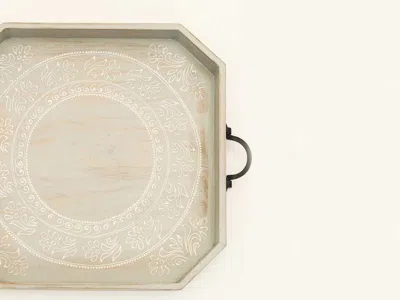 Homezia Set Of Two Gray And White Octagon Solid Wood Paisley Handmade Serving Tray With Handles In Grey