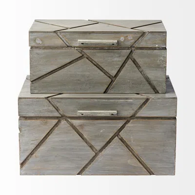 Homezia Set Of Two Gray Wooden Boxes With Carved Details