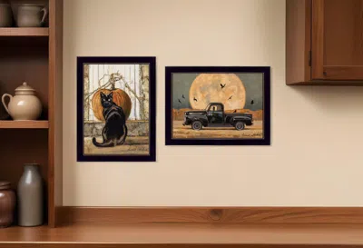 Homezia Set Of Two Harvest Moon With A Black Cat And Truck 3 Black Framed Print Kitchen Wall Art In Brown