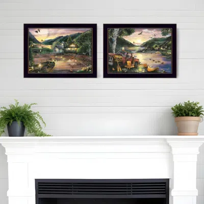 Homezia Set Of Two Lakefront Camping 3 Black Framed Print Wall Art In Multi
