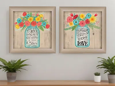 Homezia Set Of Two Mason Jar Floral Happiness At Home Brown Framed Print Wall Art In Multi