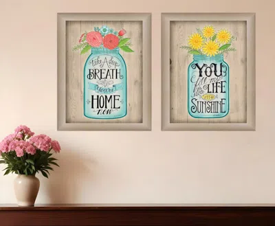 Homezia Set Of Two Mason Jars Floral Brown Framed Print Wall Art In Neutral