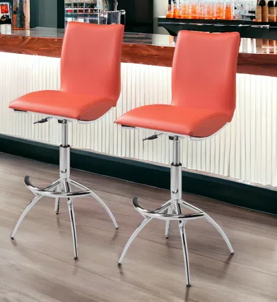 Homezia Set Of Two Orange And Silver Faux Leather And Metal Low Back Adjustable Height Bar Chairs