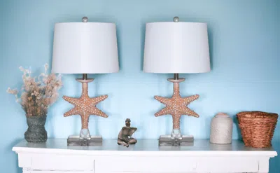 Homezia Set Of Two Orange Coastal Starfish Table Lamps In Burgundy