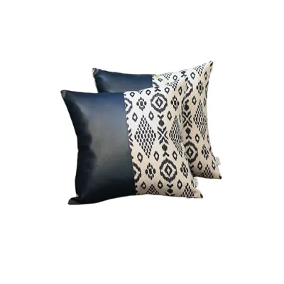 Homezia Set Of Two Prussian Blue Ikat Faux Leather Zippered Pillow Cover In Multi