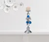 Homezia Set Of Two Silver And Blue Bling Tabletop Pillar Candle Holders