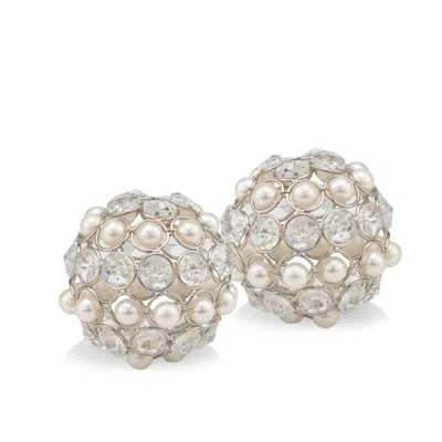 Homezia Set Of Two Silver And Clear Faux Crystal And Pearl Decorative Orbs