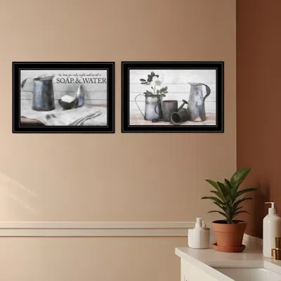 Homezia Set Of Two Soap Or Floral 2 Black Framed Print Bathroom Wall Art In Gray