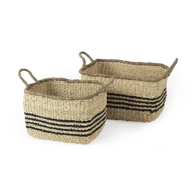 Homezia Set Of Two Striped Wicker Storage Baskets In Brown