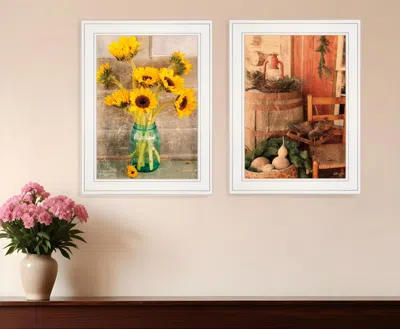 Homezia Set Of Two Vintage Country And Sunflowers 1 White Framed Print Wall Art
