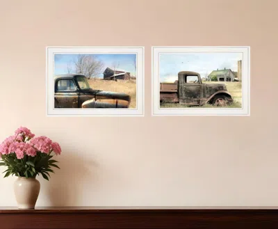 Homezia Set Of Two Vintage Farm Trucks 1 White Framed Print Wall Art