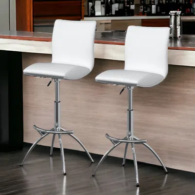 Homezia Set Of Two White And Silver Faux Leather And Metal Low Back Adjustable Height Bar Chairs