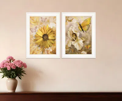 Homezia Set Of Two Yellow Flowers And Butterflies White Framed Print Wall Art