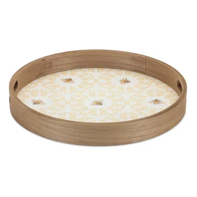 Homezia Set Of Two Yellow Round Solid Wood Serving Tray With Handles In Multi
