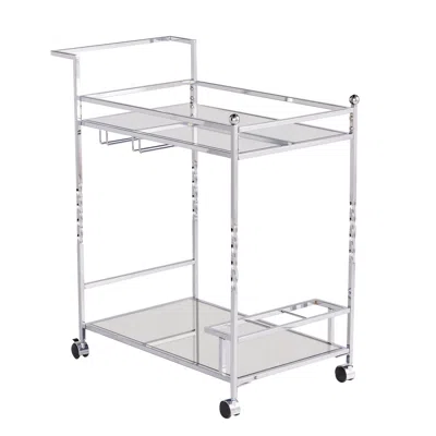 Homezia Silver Metal And Mirrored Glass Bar Cart With Wine Storage