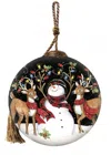 Homezia Snowman And Reindeer In Holiday Lights Hand Painted Mouth Blown Glass Ornament