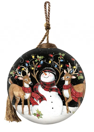 Homezia Snowman And Reindeer In Holiday Lights Hand Painted Mouth Blown Glass Ornament